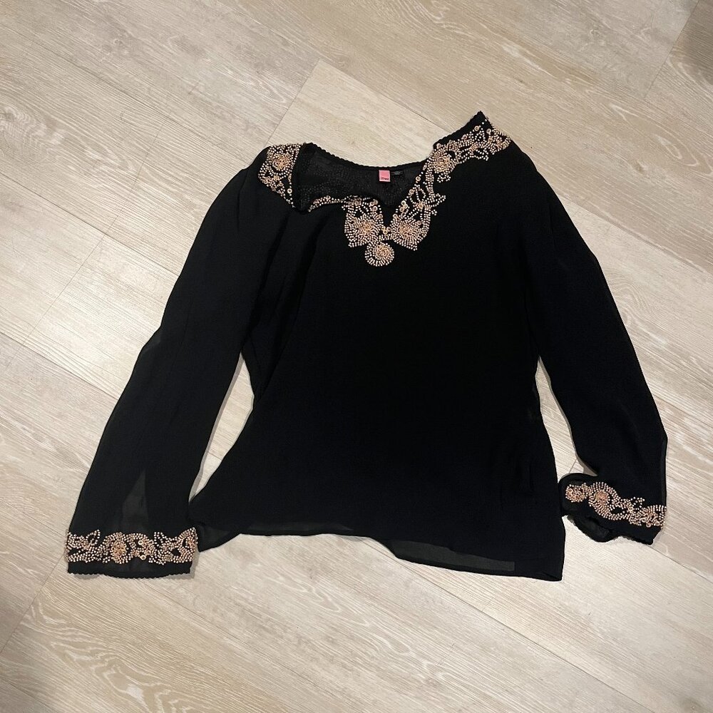 Silk Itsu Sheer Black Blouse size 12 with wooden embellishments